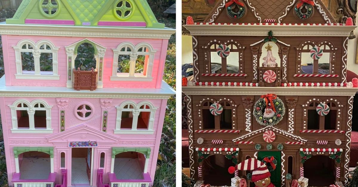 Lady Transforms Plastic Dollhouse into Christmas Décor